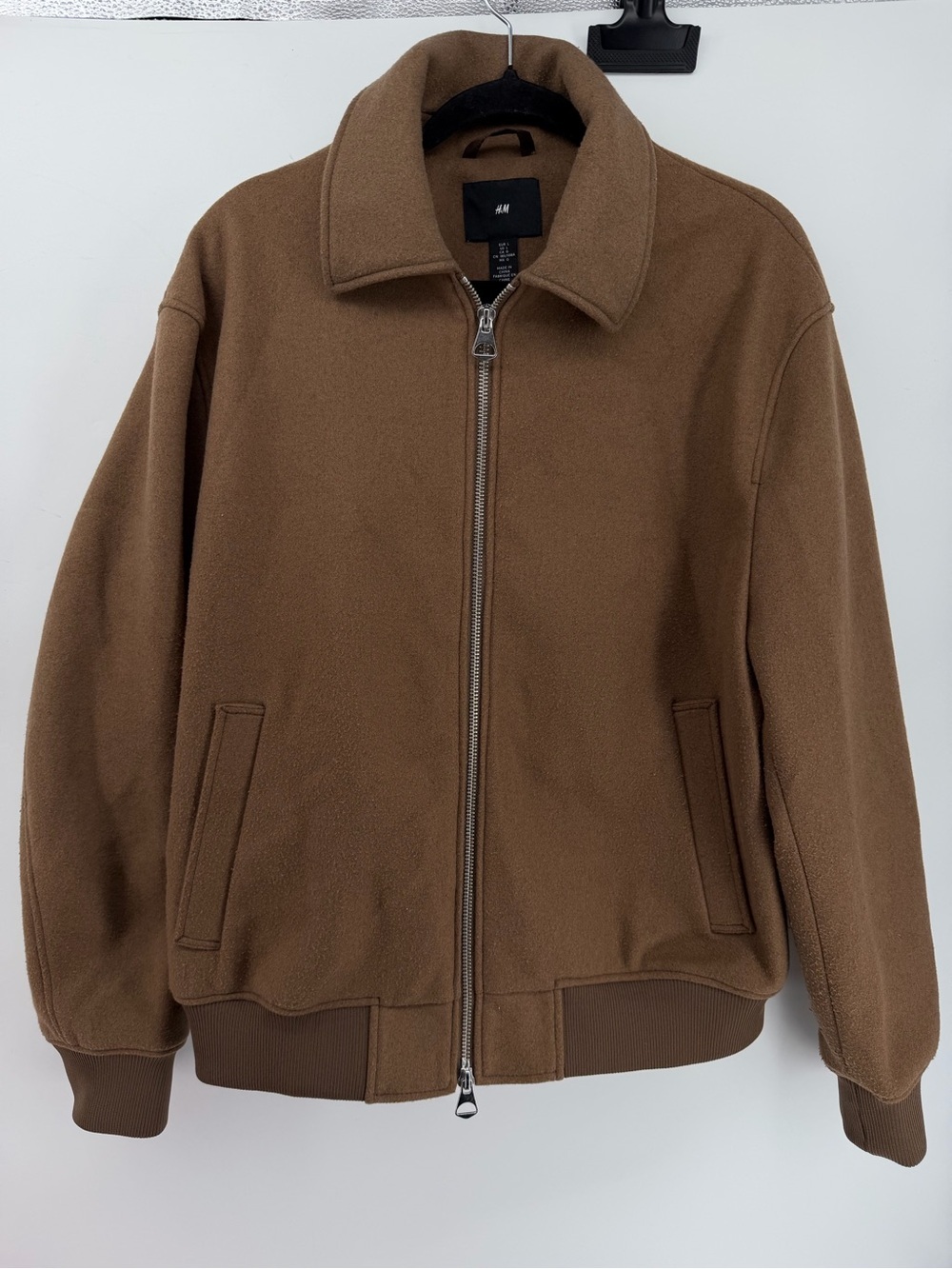 H&M Mens Wool Blend Collared Bomber Jacket Brown Full Zip Size Large L⁠